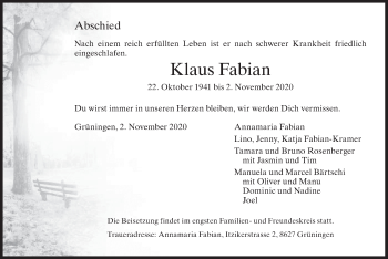 Traueranzeige von Klaus Fabian von AvU