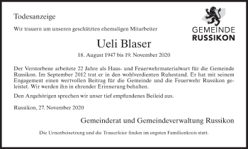 Traueranzeige von Ueli Blaser-Spörri von AvU