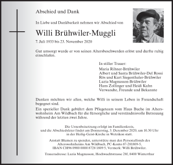 Traueranzeige von Willi Brühwiler-Muggli von AvU