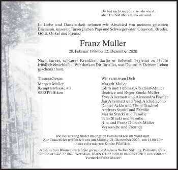 Traueranzeige von Franz Müller von AvU