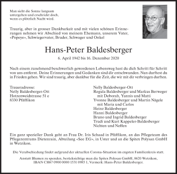 Traueranzeige von Hans-Peter Baldesberger von AvU