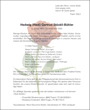 Traueranzeige von Hedwig Gertrud Stöckli-Bühler von AvU