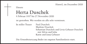 Traueranzeige von Herta Duschek von AvU