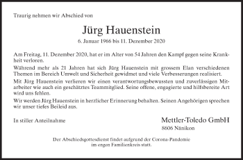 Traueranzeige von Jürg Hauenstein von AvU