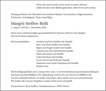 Traueranzeige von Margrit Steffen-Bolli von AvU