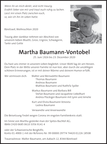 Traueranzeige von Martha Baumann-Vontobel von AvU