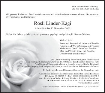 Traueranzeige von Rösli Linder-Kägi von AvU