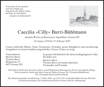 Traueranzeige von Caecilia  Burri-Bühlmann von AvU