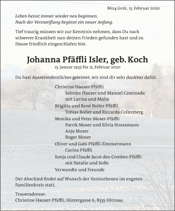 Traueranzeige von Johanna Pfäffli Isler von AvU