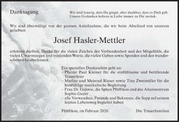 Traueranzeige von Josef Hasler-Mettler von AvU