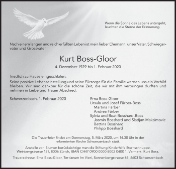 Traueranzeige von Kurt Boss-Gloor von VO solo