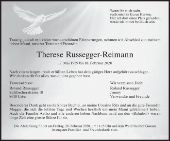 Traueranzeige von Therese Russegger-Reimann von ZO solo