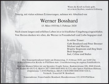 Traueranzeige von Werner Bosshard von AvU