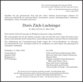 Traueranzeige von Doris Zäch-Luchsinger von ZO solo