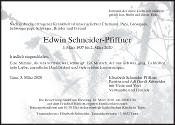 Traueranzeige von Edwin Schneider-Pfiffner von AvU