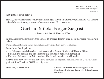 Traueranzeige von Gertrud Stückelberger-Siegrist von AvU