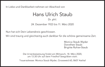 Traueranzeige von Hans Ulrich Staub von AvU