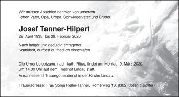 Traueranzeige von Josef Tanner-Hilpert von reg_1