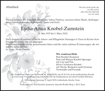 Traueranzeige von Lydia Anna Knobel-Zumstein von AvU