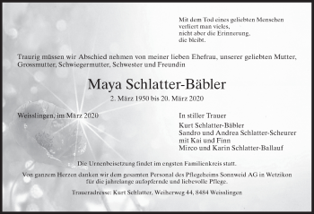 Traueranzeige von Maya Schlatter-Bäbler von ZO solo