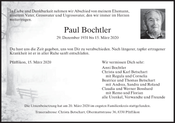 Traueranzeige von Paul Bochtler von ZO solo