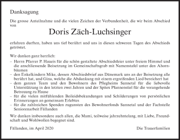 Traueranzeige von Doris Zäch-Luchsinger von VO solo