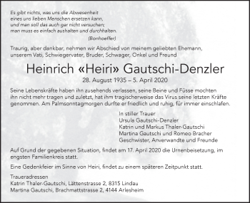 Traueranzeige von Heinrich  Gautschi-Denzler von AvU