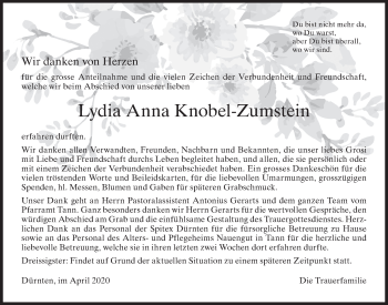 Traueranzeige von Lydia Anna Knobel-Zumstein von ZO solo