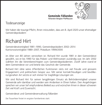 Traueranzeige von Richard Hirt von ZO solo