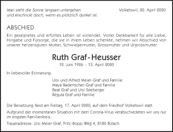 Traueranzeige von Ruth Graf-Heusser von ZO solo