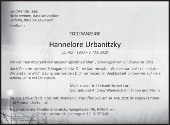 Traueranzeige von Hannelore Urbanitzky von reg_3