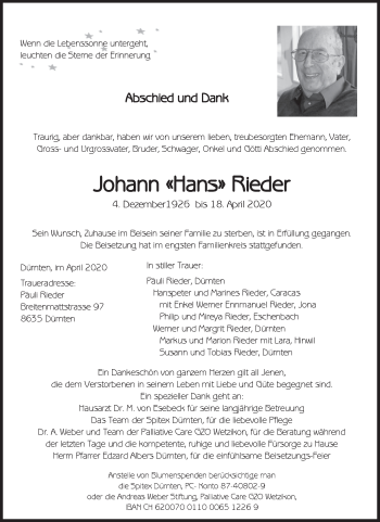 Traueranzeige von Johann Rieder von AvU