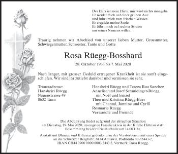 Traueranzeige von Rosa Rüegg-Bosshard von ZO solo