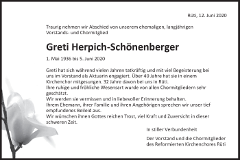 Traueranzeige von Greti Herpich-Schönenberger von AvU