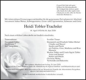 Traueranzeige von Heidi Tobler-Trachsler von AvU