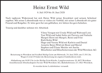 Traueranzeige von Heinz Ernst Wild von AvU