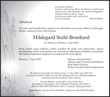 Traueranzeige von Hildegard Stahl-Bosshard von AvU