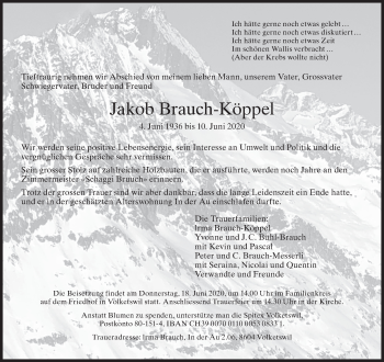 Traueranzeige von Jakob Brauch-Köppel von AvU