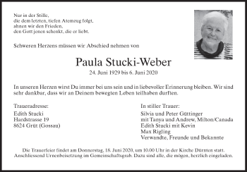 Traueranzeige von Paula Stucki-Weber von ZO solo