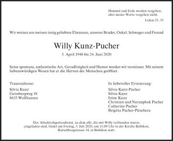 Traueranzeige von Willy Kunz-Pucher von ZO solo