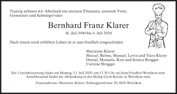 Traueranzeige von Bernhard Franz Klarer von AvU