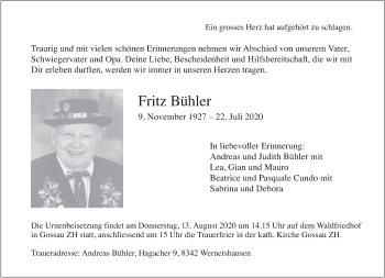 Traueranzeige von Fritz Bühler von ZO solo