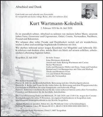 Traueranzeige von Kurt Wartmann-Kolednik von ZO solo