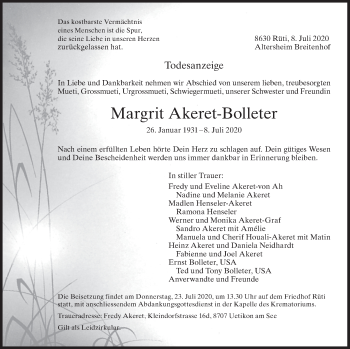 Traueranzeige von Margrit Akeret-Bolleter von ZO solo