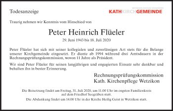 Traueranzeige von Peter Heinrich Flüeler von ZO solo