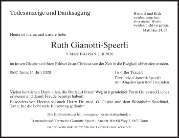 Traueranzeige von Ruth Gianotti-Speerli von AvU