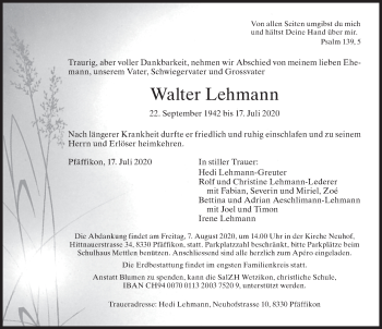 Traueranzeige von Walter Lehmann von ZO solo