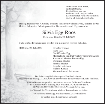 Traueranzeige von Silvia Egg-Roos von AVU