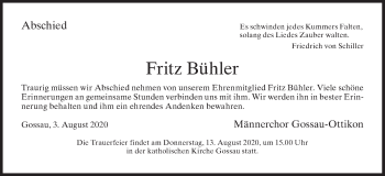 Traueranzeige von Fritz Bühler von ZO solo