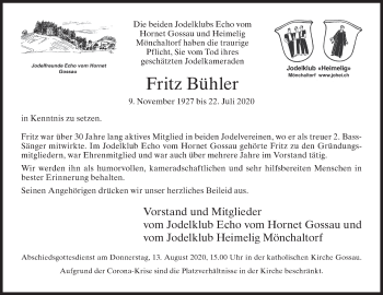 Traueranzeige von Fritz Bühler von ZO solo